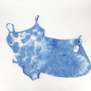 NWT Aerie One Piece Swimsuit in Baja Blue Tie Dye & Cover Up Skirt XL